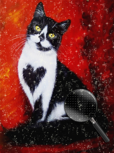 Chat de Cœur Noir et Blanc Broderie Diamant