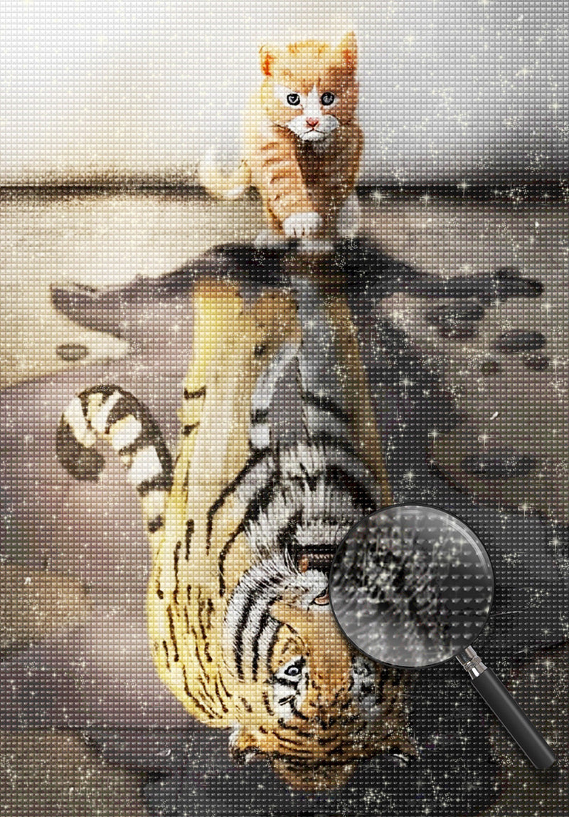 Chaton Orange et Tigre dans le Reflet Broderie Diamant