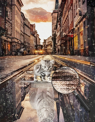 Chaton et Tigre Blanc dans la Réflection Broderie Diamant