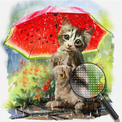 Chat avec un Petit Parapluie de Pastèque Broderie Diamant