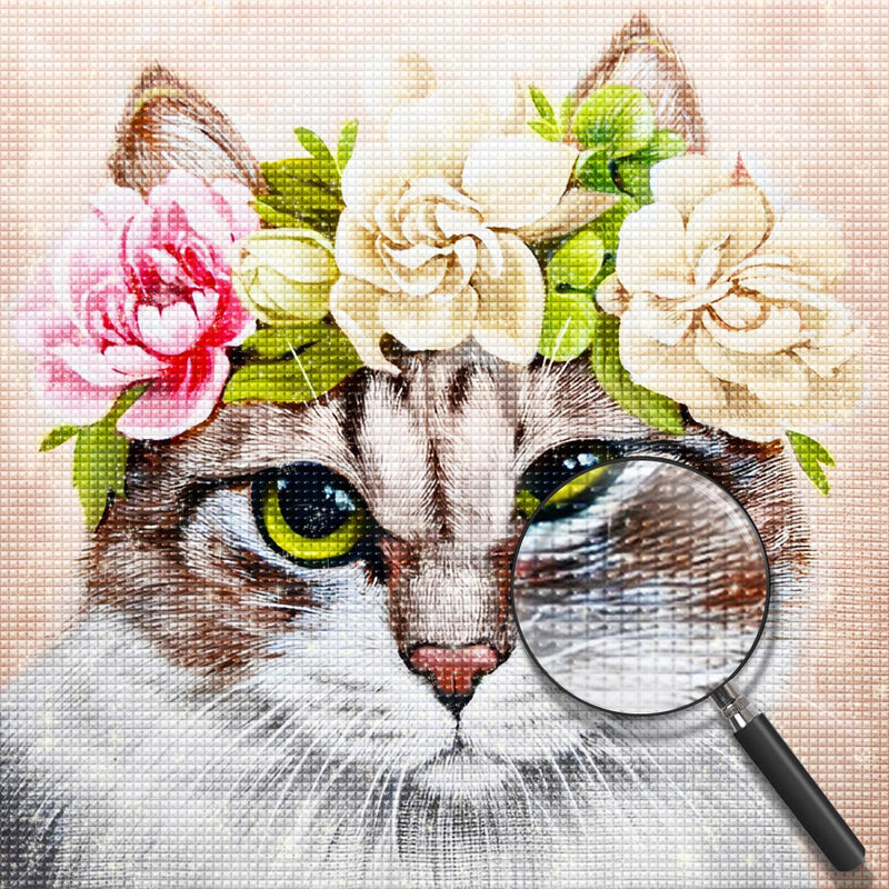 Chat aux Yeux Verts avec Couronne de Roses Broderie Diamant