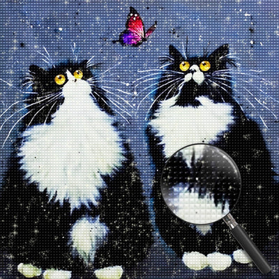 Chats Noirs et Blancs avec Papillon Broderie Diamant