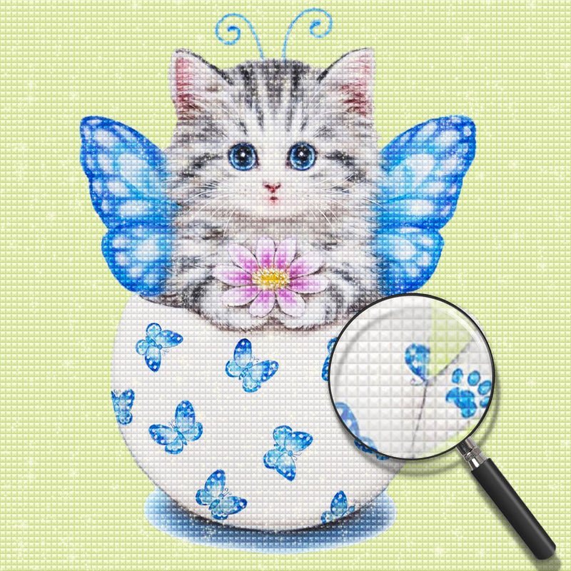 Chaton Papillon avec Fleur dans le Mug Broderie Diamant