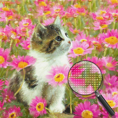 Chaton Tigré et Marguerites Roses Broderie Diamant