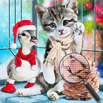 Chaton et Petit Canard de Noël Broderie Diamant