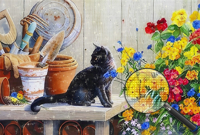 Chaton Noir et Outils de Jardin Broderie Diamant