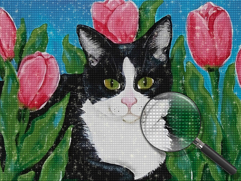 Chat Noir et Blanc dans un Buisson de Tulipes Broderie Diamant