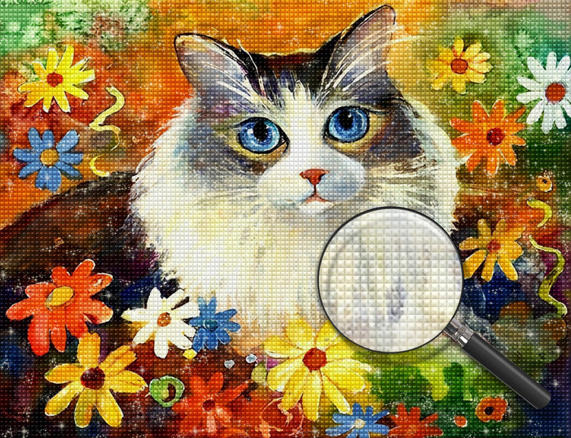 Chat Ragdoll dans les Fleurs Broderie Diamant