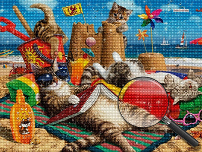 Chats en Vacances sur la Plage au Bord de la Mer Broderie Diamant