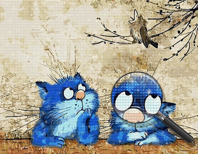 Deux Chats Bleu et Un Oiseau Broderie Diamant