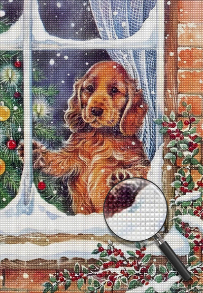 Petit Chien Près de la Fenêtre Broderie Diamant