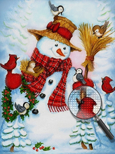 Bonhomme de Neige Tenant un Balai avec des  Mésanges Broderie Diamant