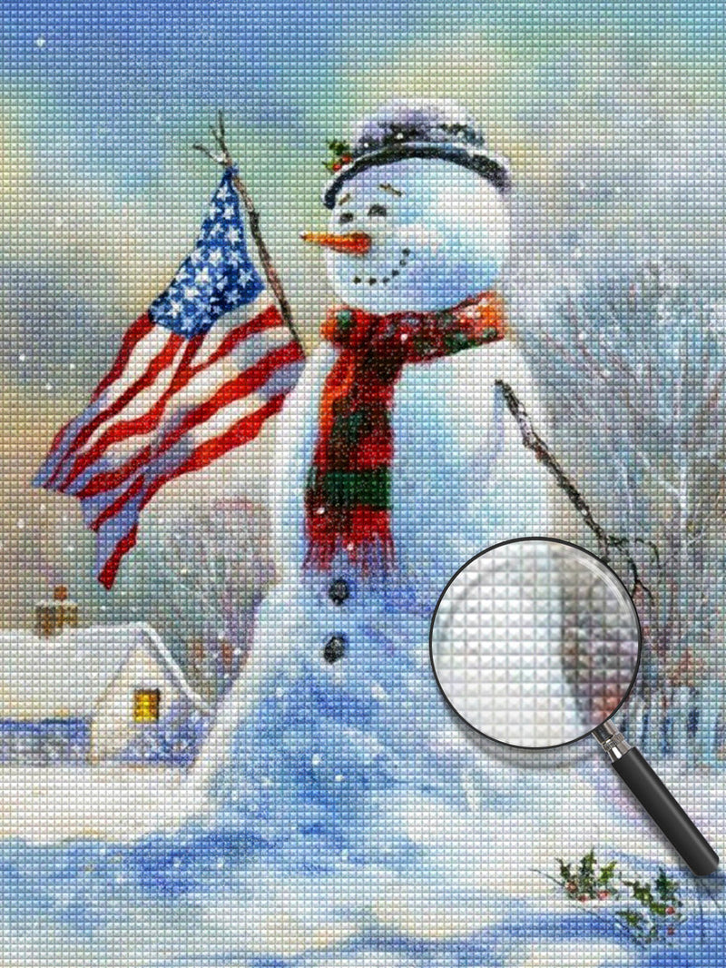 Bonhomme de Neige et Drapeau des Etats-Unis Broderie Diamant