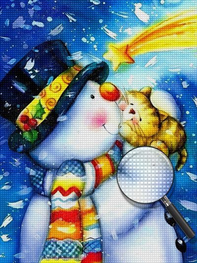 Chaton Jaune et Bonhomme de Neige Cartoon Broderie Diamant