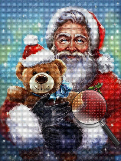 Père Noël Souriant et Poupée d'Ours Broderie Diamant