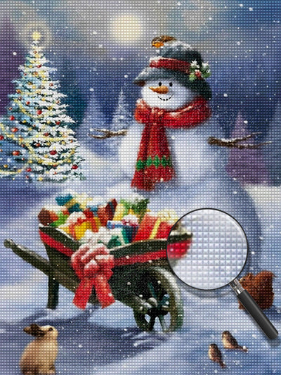 Bonhomme de Neige et la Poussette de Cadeaux Broderie Diamant