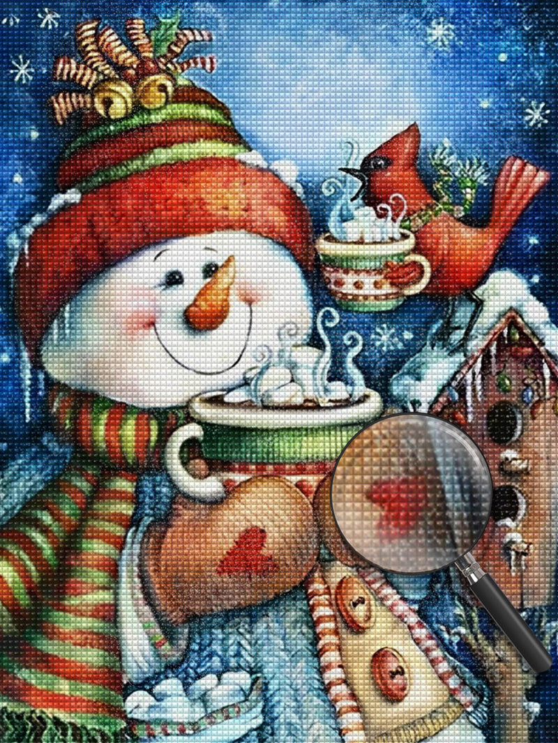 Bonhomme de Neige et Une Tasse de Chocolat Chaud Broderie Diamant