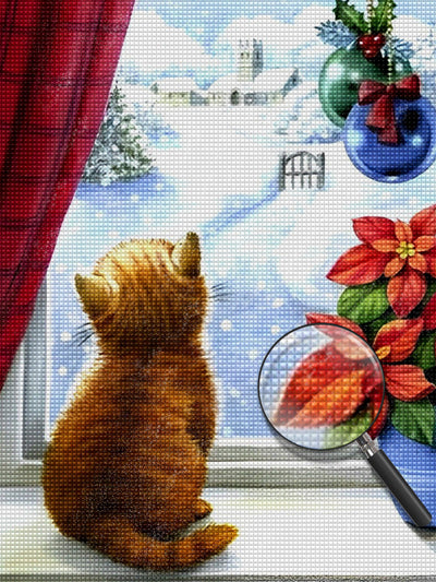 Chaton Orange Regardant la Neige Broderie Diamant