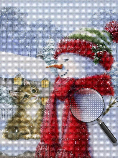 Bonhomme de Neige et Chaton Orange Adorable Broderie Diamant