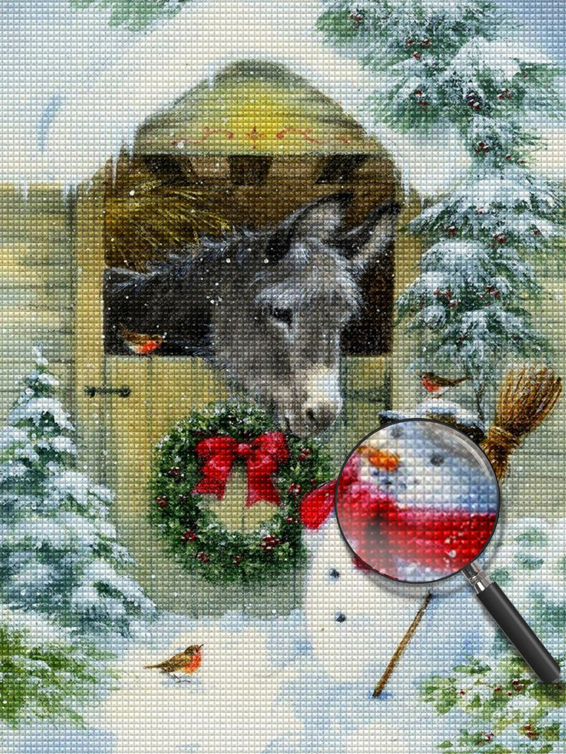 Mignon Ane Gris et Petit Bonhomme de Neige de Noël Broderie Diamant