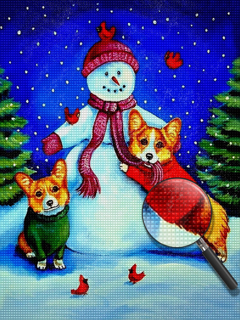 Bonhomme de Neige et Corgis Broderie Diamant