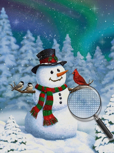 Bonhomme de Neige et Mésanges Rouge et Grises Broderie Diamant