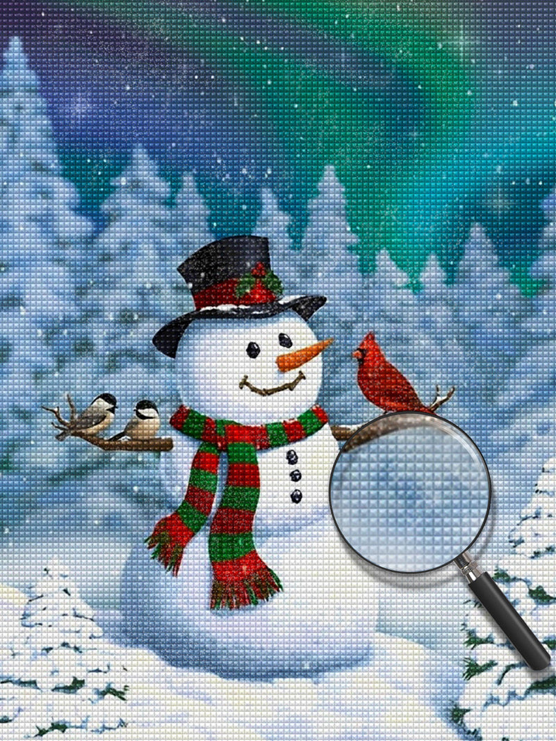 Bonhomme de Neige et Mésanges Rouge et Grises Broderie Diamant