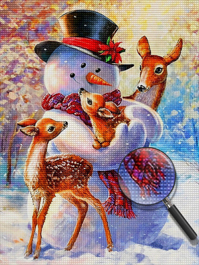 Bonhomme de Neige et les Adorables Petits Cerfs Broderie Diamant