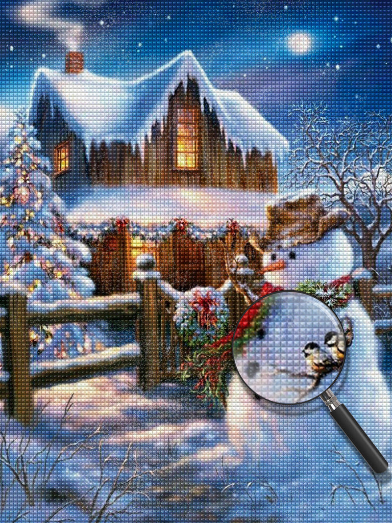 Bonhomme de Neige et Chalet dans la Nuit Broderie Diamant