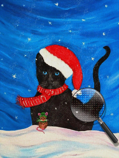 Chat Noir avec un Bonnet de Noël Broderie Diamant