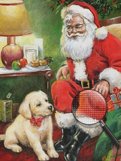 Père Noël, Chiot et Lampe Broderie Diamant