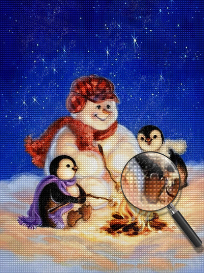 Bonhomme de Neige près du Feu avec les Pingouins Broderie Diamant