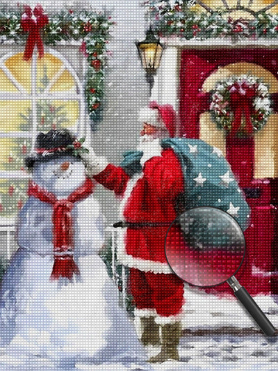 Père Noël Caressant le Bonhomme de Neige Broderie Diamant