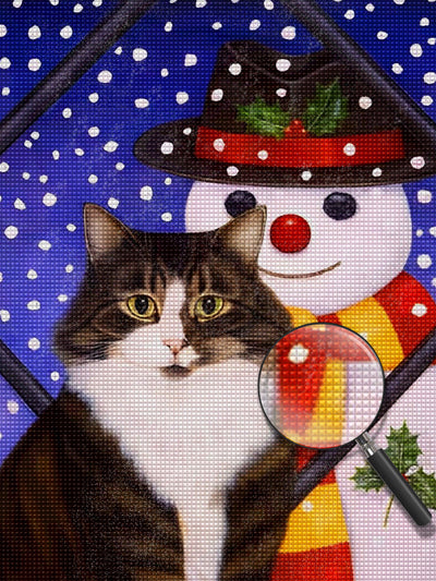 Chat Tigré et Bonhomme de Neige Broderie Diamant