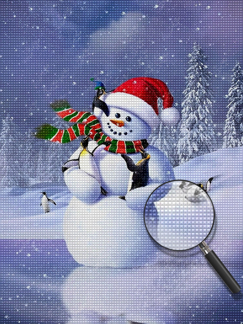 Bonhomme de Neige Tenant Pingouins dans ses Bras Broderie Diamant