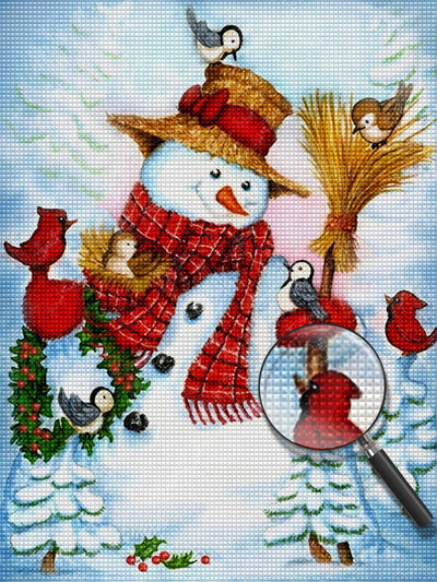 Bonhomme de Neige Bienveillant et Oiseaux Rouges Broderie Diamant