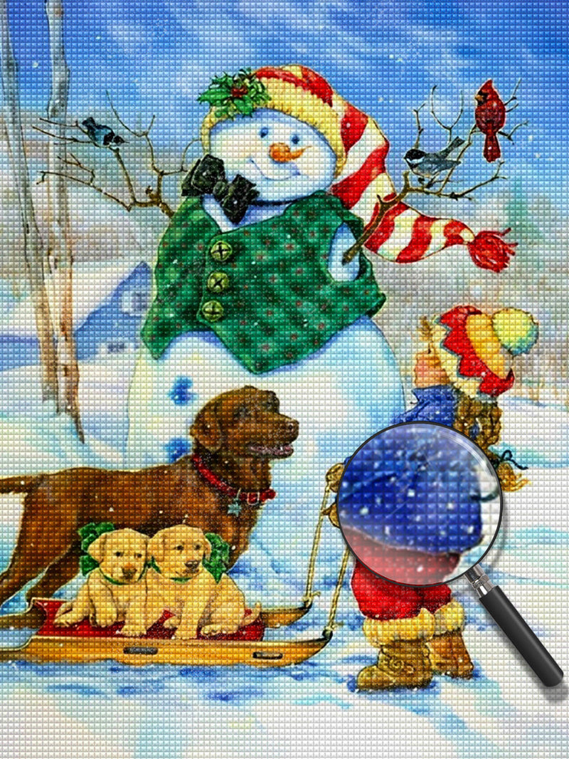 Bonhomme de Neige et Fille avec des Chiens Broderie Diamant