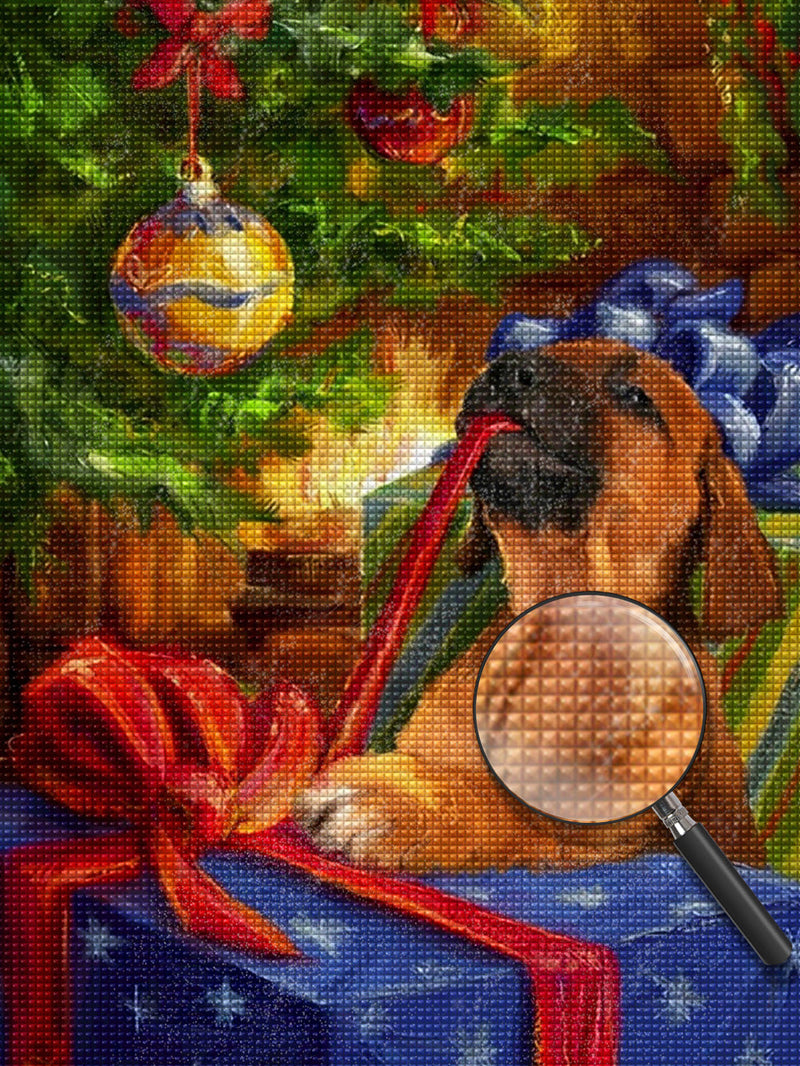 Petit Chien Ouvrant les Cadeaux avec ses Dents Broderie Diamant