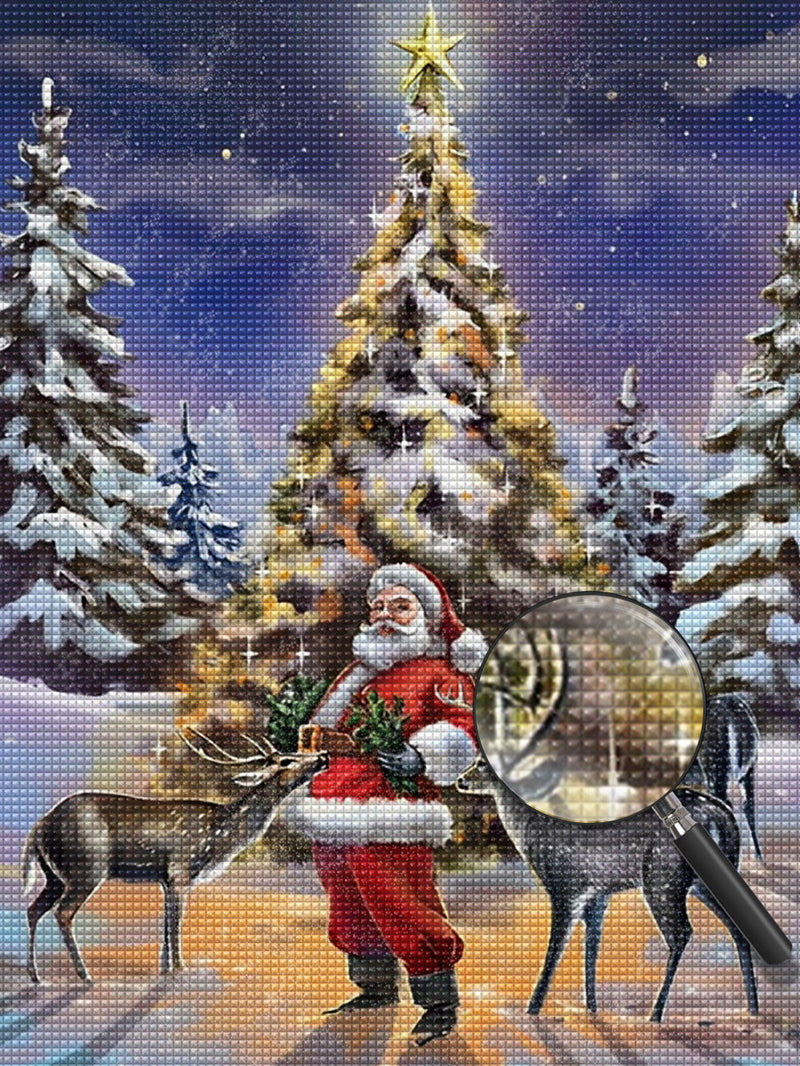 Père Noël et Cerfs Gris Broderie Diamant