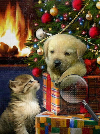 Chaton et Petit Golden Retriever Broderie Diamant