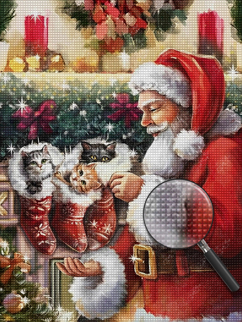 Père Noël et les Chatons dans les Bas Broderie Diamant