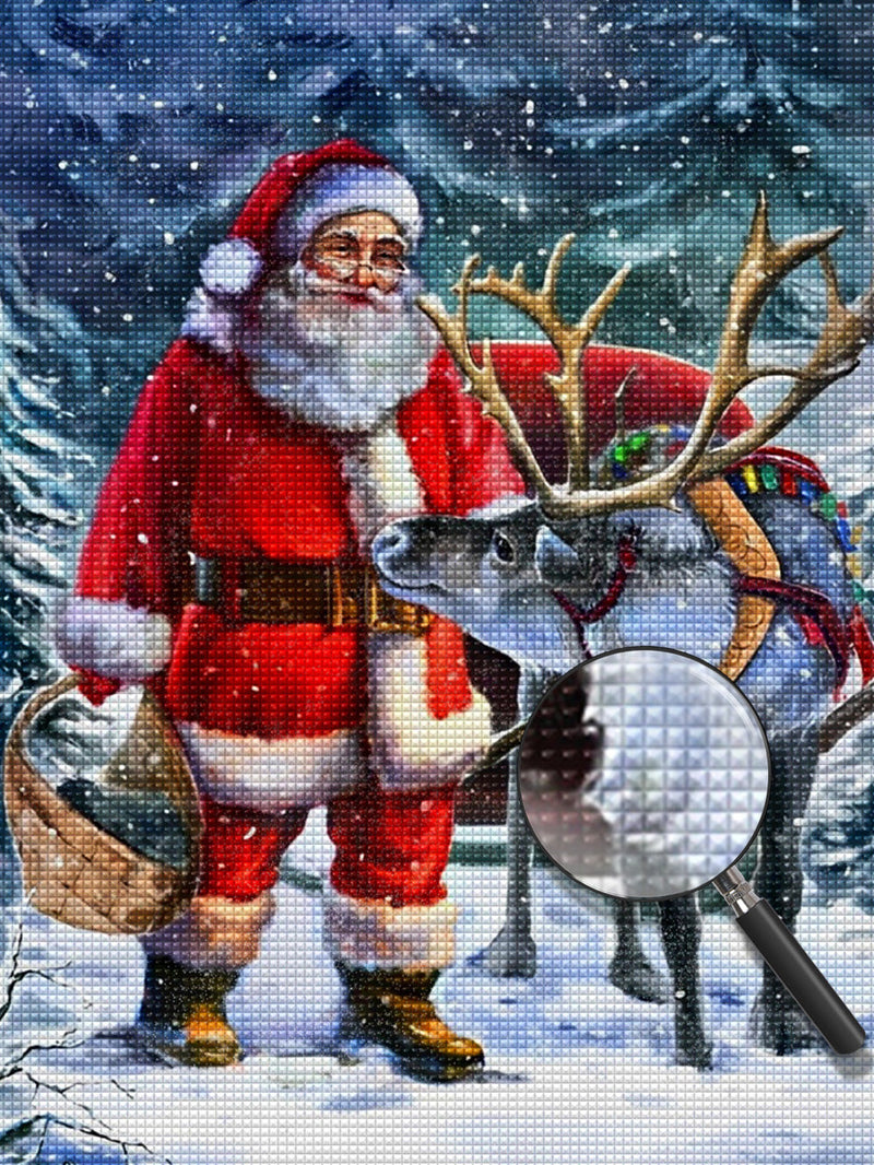 Père Noël et Renne Grise Broderie Diamant