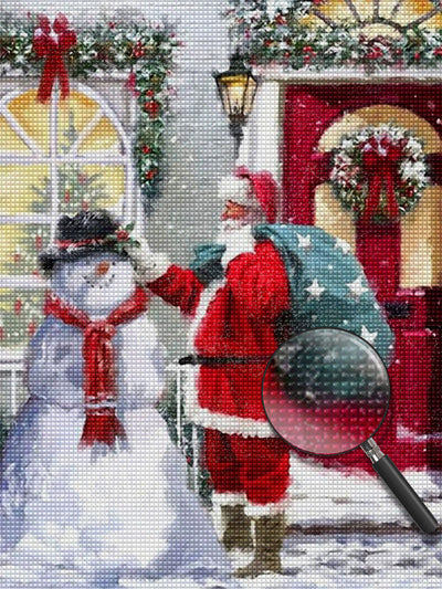 Père Noël et le Bonhomme de Neige sur le Pas de la Porte Broderie Diamant