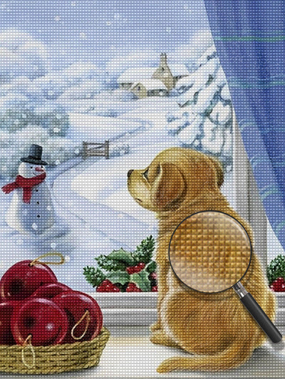 Golden Retriever Regardant le Bonhomme de Neige à l’Extérieur Broderie Diamant