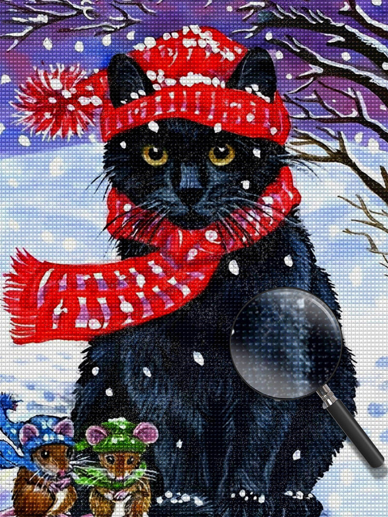 Joli Chat Noir avec une Echarpe Rouge Broderie Diamant