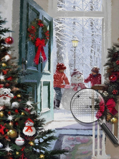 Enfants Faisant un Bonhomme de Neige Broderie Diamant