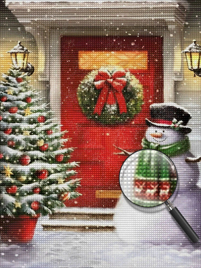 Sapin de Noël et Bonhomme de Neige à la Porte Broderie Diamant