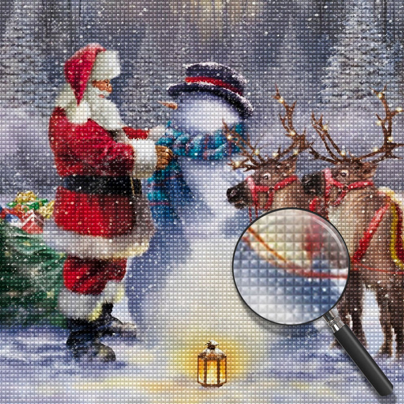 Père Noël Mettant Echarpe au Bonhomme de Neige Broderie Diamant