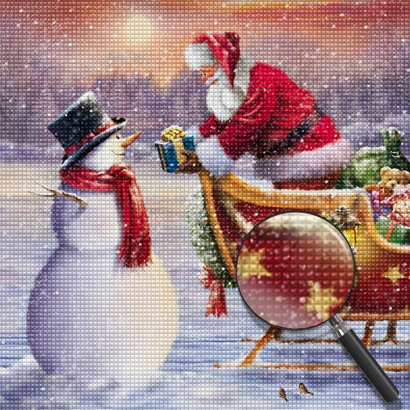 Père Noël Offrant Cadeau au Bonhomme de Neige Broderie Diamant