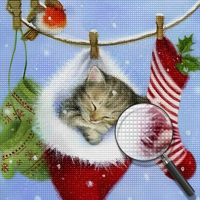 Petit Chaton Dormant dans le Père Noël Broderie Diamant